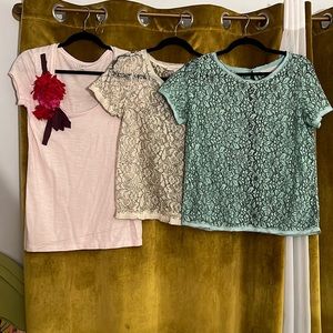 Lot of 3 LOFT tops. 2 lace, 1 t shirt with poms